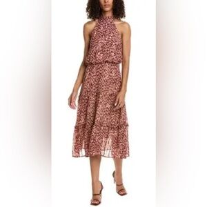 O.P.T. Savina Midi Dress Elegant Pink Red Brown Patterned Halter Dress- Small